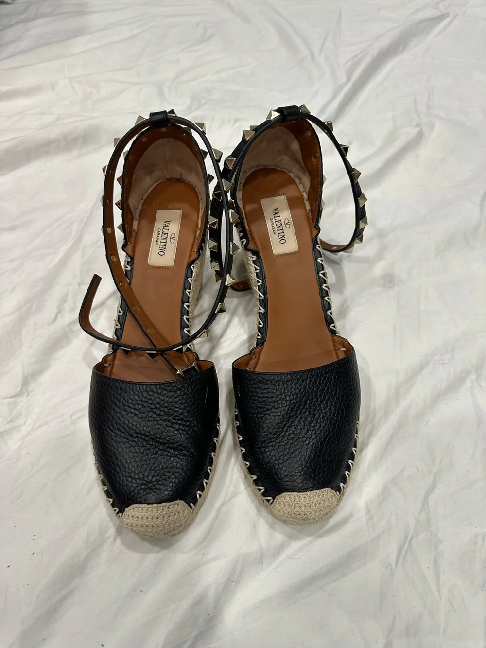 Valentino Black Rockstud Espadrille Ankle-Strap wedges
